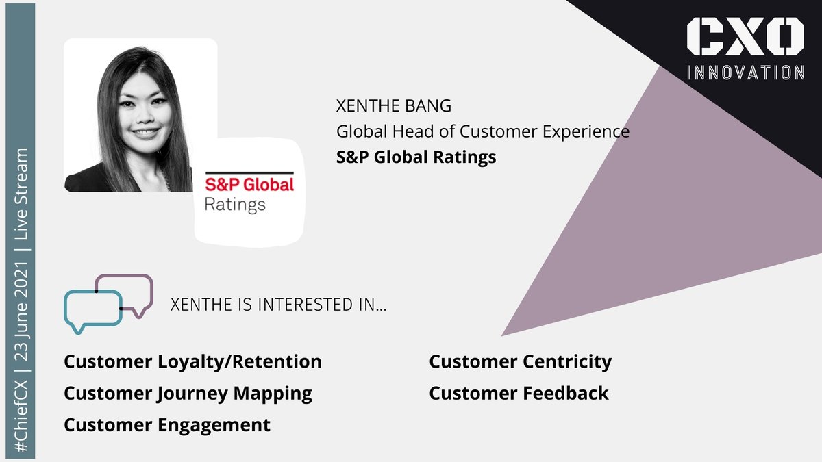 CXOInnovation's tweet photo. Welcome Ms Xenthe Bang, Global Head of #CustomerExperience from @SPGlobalRatings to our Virtual Chief Customer Experience Officer Summit! Find out more: https://t.co/00NpjDCm13
#cxoinnovation #cxo #csuite #ccxo #chiefcx #customerjourney #customerengagement #digitaltransformation https://t.co/tabGpCPDhN