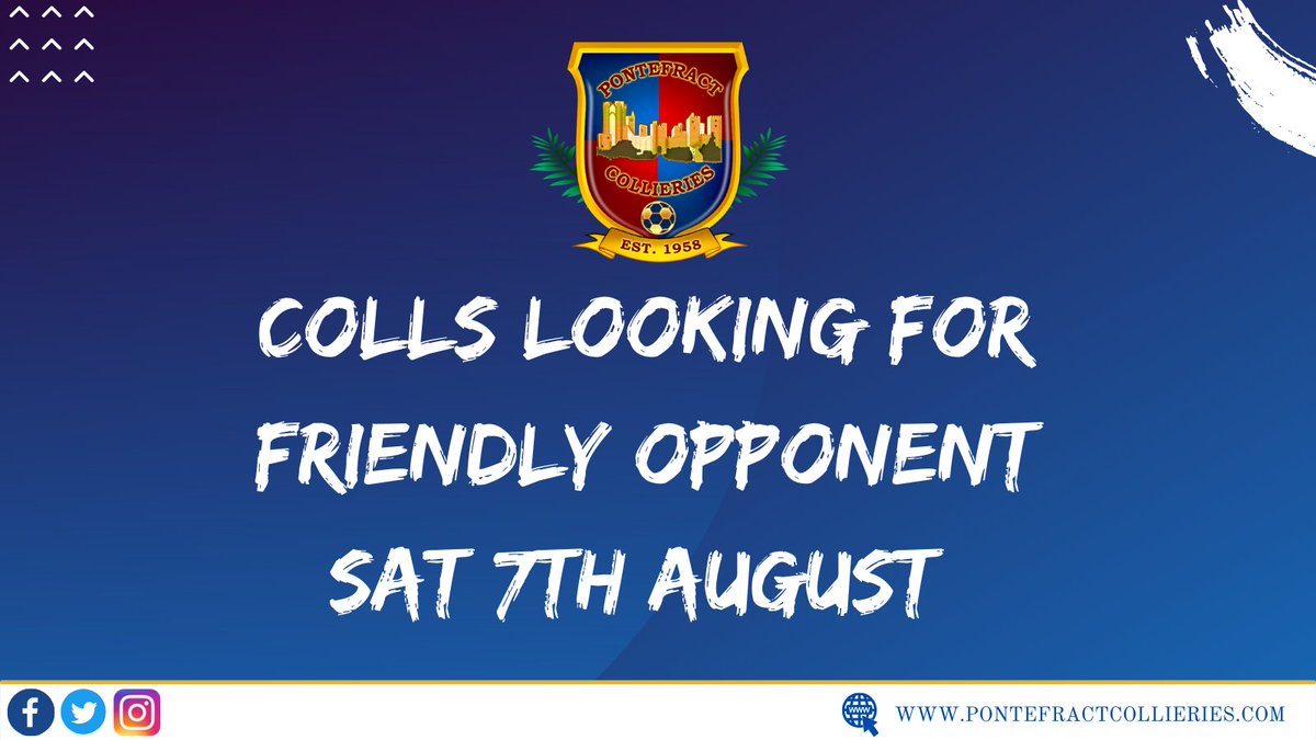 The club are looking for an opponent for a home friendly Saturday 7th August. 

Please RT and if interested either contact Craig Rouse or drop us a Direct Message. 

<a href="/NorthernPremLge/">The Pitching In Northern Premier League</a> <a href="/NCEL/">Macron NCEL</a> <a href="/WestRidingFA/">West Riding FA</a> <a href="/CraigRouse1/">Craig Rouse</a>