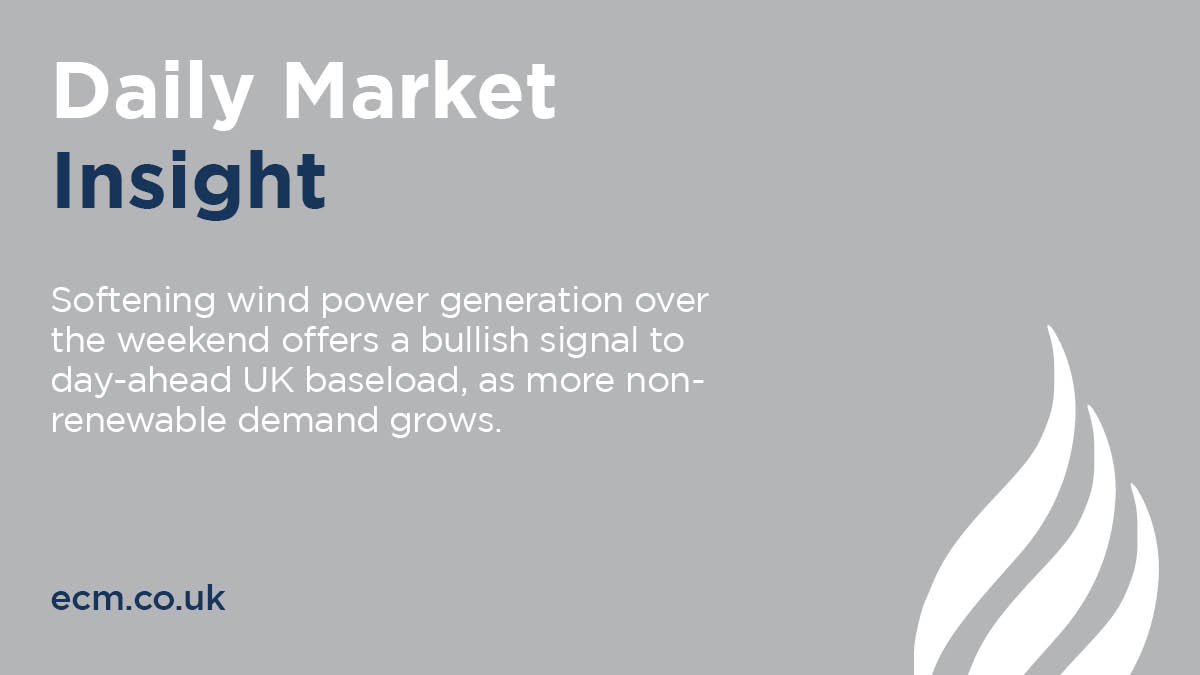 E&amp;CM’s Daily Market Insight: Softening wind power generation over the weekend offers a bullish signal to day-ahead UK baseload, as more non-renewable demand grows.
 
Subscribe here: okt.to/JjV4HY