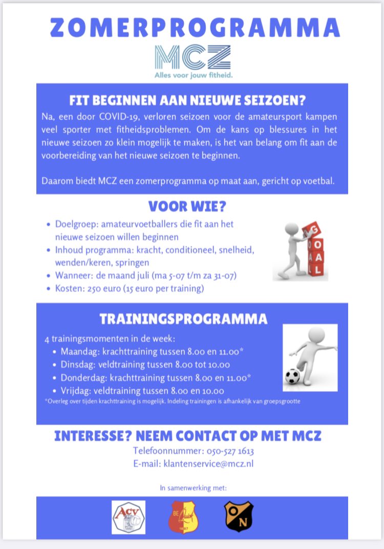 MCZ zomerprogramma:

Na het coronaseizoen 😷 zo fit mogelijk beginnen aan het nieuwe seizoen?

👉 Zowel veldtrainingen als krachttraining ⚽️ 🏋️‍♀️
👉 Door ervaren fysieke trainers ✅ 
👉 Kracht, conditioneel, snelheid, wenden/keren, springen

Interesse? Neem gerust contact op 📧 📞