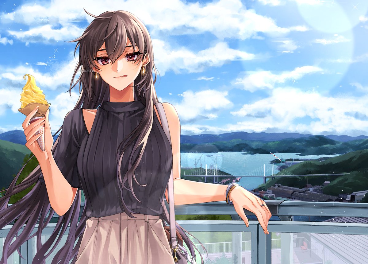nagato (kancolle) 1girl long hair solo food black hair outdoors jewelry  illustration images