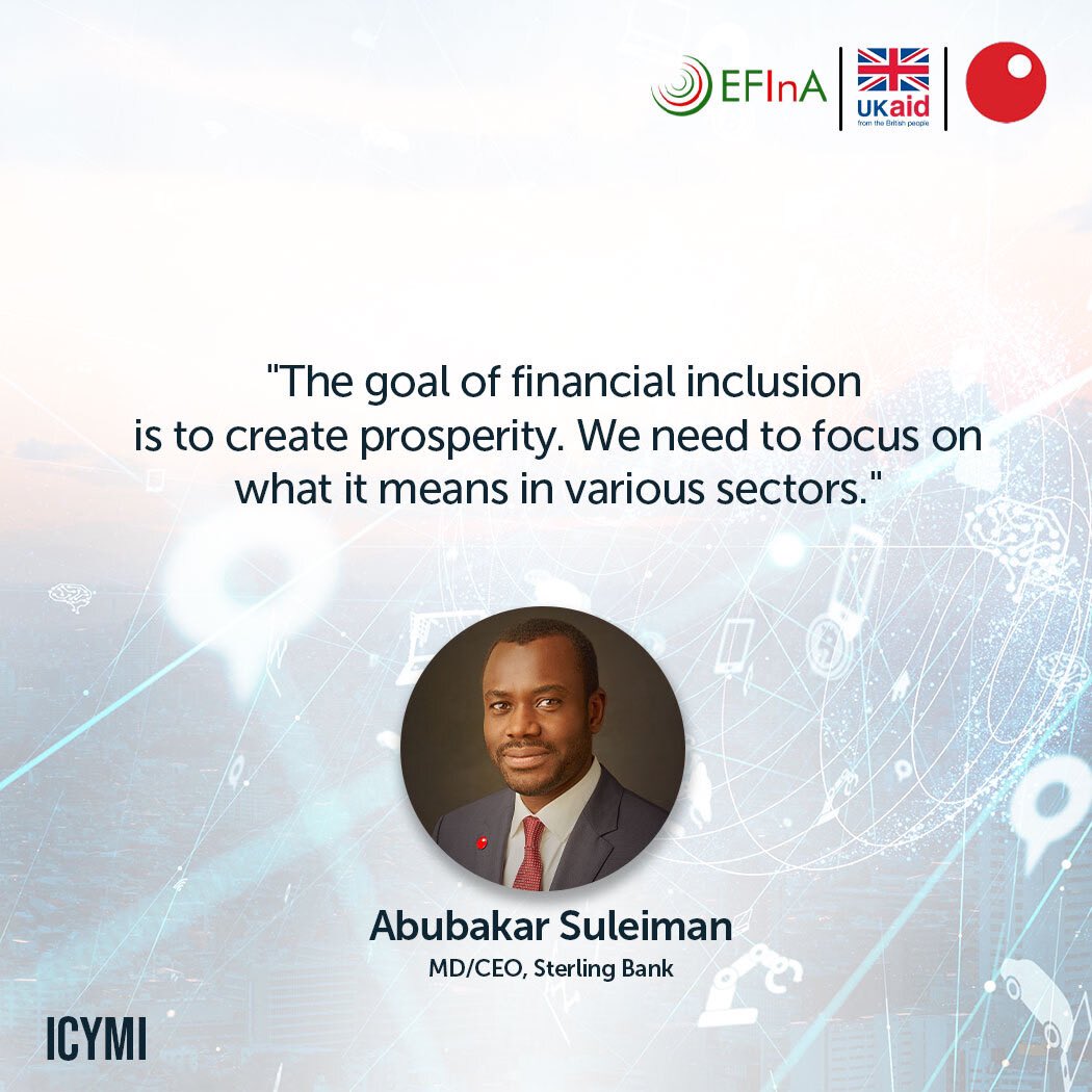 Sterling_Bankng's tweet photo. At what point of economic exclusion does financial inclusion become a luxury? 
Here are some excerpts from the MD/CEO of Sterling Bank, Abubakar Suleiman, at the EFInA Access to Financial Services Survey Webinar.
#EFInA #A2F #FinancialInclusion https://t.co/Ktt0cMAr6A