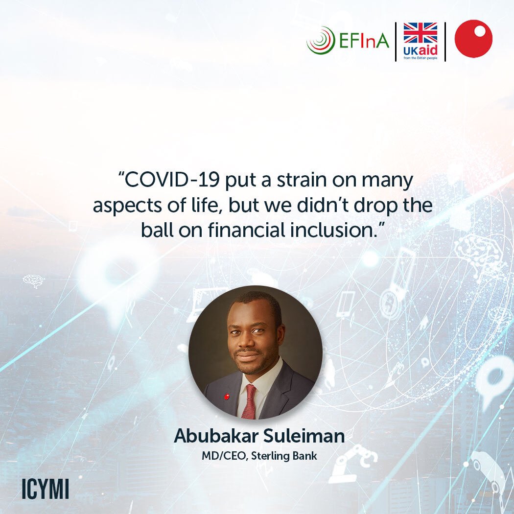 Sterling_Bankng's tweet photo. At what point of economic exclusion does financial inclusion become a luxury? 
Here are some excerpts from the MD/CEO of Sterling Bank, Abubakar Suleiman, at the EFInA Access to Financial Services Survey Webinar.
#EFInA #A2F #FinancialInclusion https://t.co/Ktt0cMAr6A