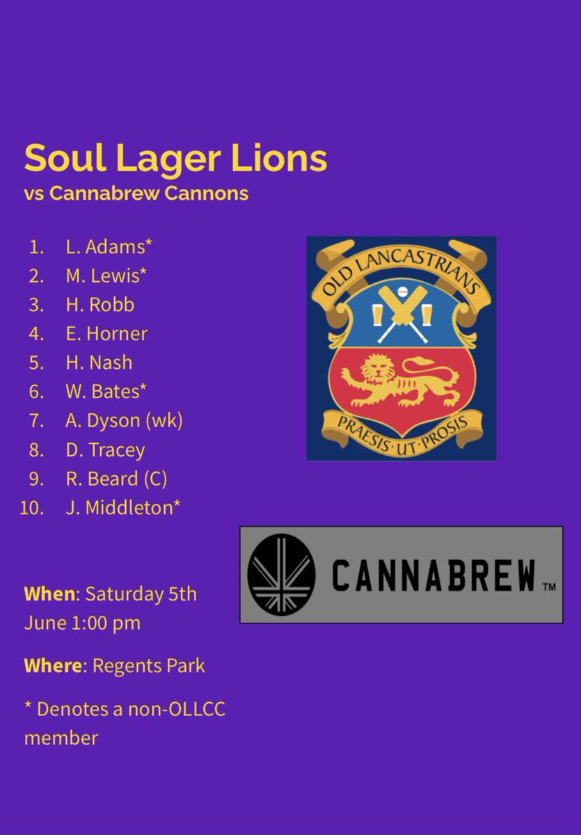 OLLCricketClub's tweet photo. The teams are out for Saturday’s inaugural @cannabrewltd Cup. The mighty Cannabrew Cannons take on the indomitable Soul Lager Lions.
Location - Regents Park
Toss - 12:45
Start of Play - 13:00
#OLLCC #cricket https://t.co/4YJGvO1RRs
