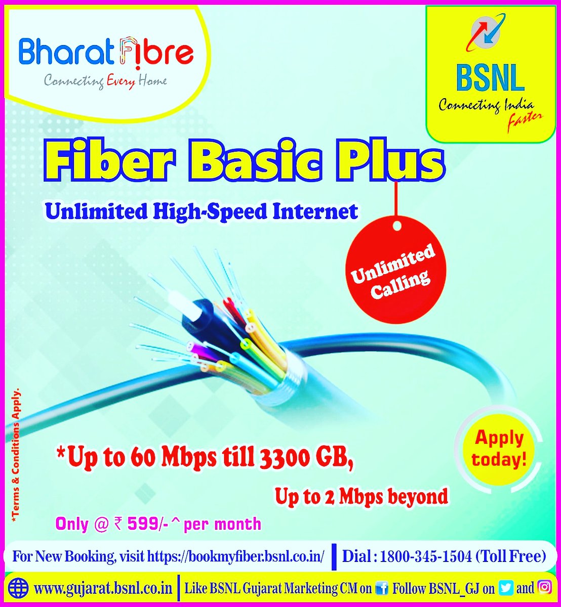 BSNL_GJ's tweet photo. #BSNL Fiber basic plus plan with speed upto 60 Mbps till 3300 GB data download &amp; upto 2 MBPS beyond only @ Rs 599 per month. 
For booking of new connection, visit https://t.co/wWONArrIU7 or dial 1800 345 1504
Conditions Apply
 @BSNLCorporate @CMDBSNL @CGM_GUJ_BSNL 
#broadband https://t.co/C2qDdBqV5P