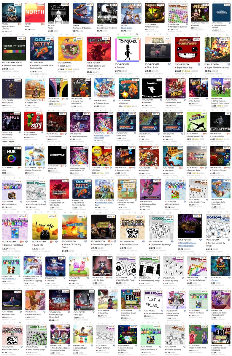 2_Old_4_Gaming's tweet photo. Loads of new discounts today on #PSVita games! This is a really good sale. All are PS4 cross-buy.
My recommendations: Undertale, Super Meat Boy, Super Time Force Ultra, Darkest Dungeon, Runner 2, Iconoclasts, Lichtspeer, the Steamworld games, Risk of Rain and Rainbow Skies. https://t.co/4kNFSqJcOk