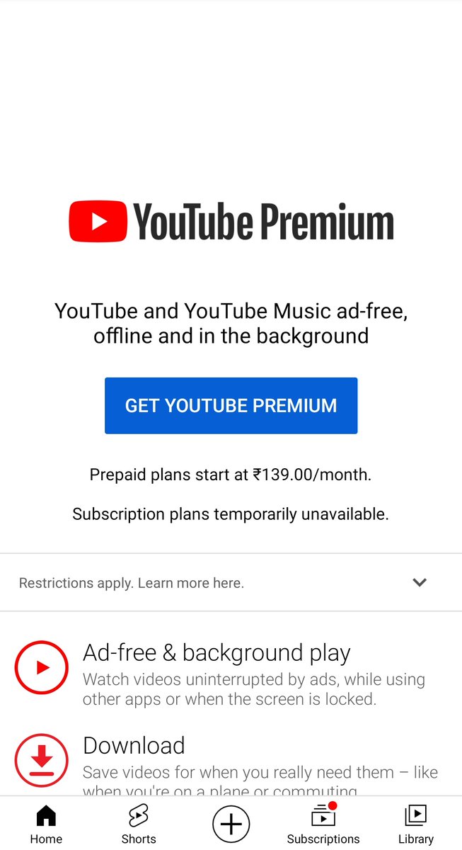 _aryan_aru's tweet photo. @TeamYouTube Done with clearing cache, didn't helped. 
It's only giving me option to subscribe with prepaid plan only, and 'subscription plans temporarily unavailable'. Attached a screenshot to help you understand. https://t.co/U6swyT0cU3