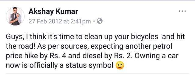 t_d_h_nair's tweet image. Petrol prices went up by more than Rs.10 and Diesel by more than Rs.12 since January 1 this year.
Did you clean up your bicycle, @akshaykumar?