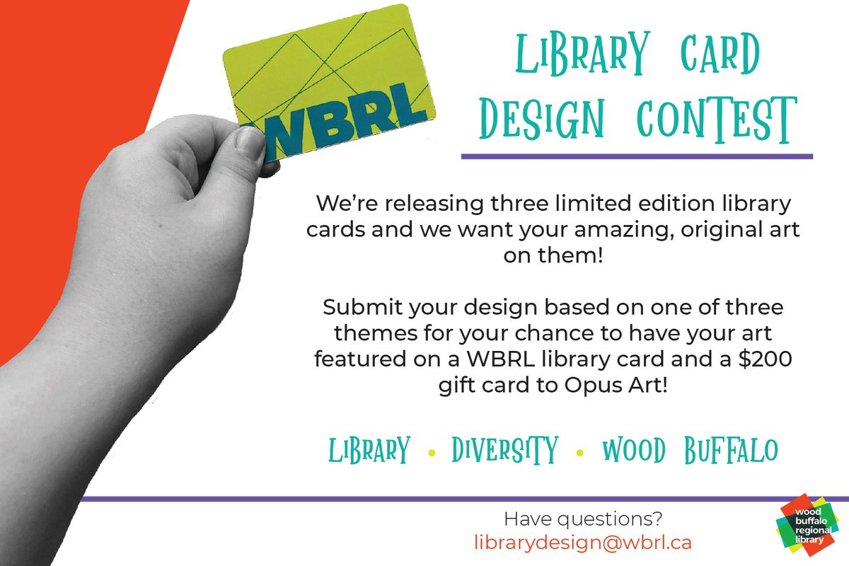 ArtsCouncilWB's tweet image. 📣Last weekend to get your submissions for the Library Card Contest!📣

The Wood Buffalo Regional Library is releasing three limited edition library cards and they want your amazing, original art on them! 

Submit your design here: artscouncilwb.ca/opportunities_…

#YMMArtsTogether