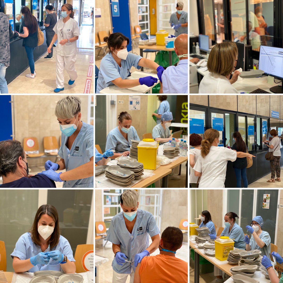 Personal administrativo, celadores, médicos y profesionales de enfermería haciendo equipo por la vacunación frente al COVID-19.

En solo dos tardes, + de 2000 personas han recibido una dosis de la vacuna. #hospitaldemóstoles #JuntosAvanzamosMas