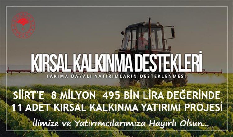 SİİRT’E 8 MİLYON 495 BİN LİRA TUTARINDA 11 ADET YENİ KIRSAL KALKINMA YATIRIMI. 
Tarım ve Orman Bakanlığı tarafından %50 Hibeli olarak yürütülen Kırsal Kalkınma Yatırımları kapsamında Bakanlığa gönderilen 11 projenin tamamı kabul edilmiştir.                 facebook.com/542654213/post…