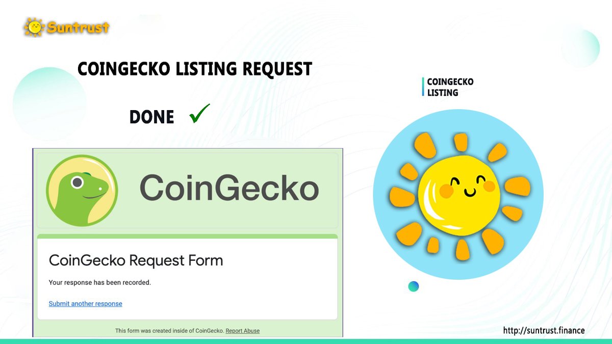 We are as busy as it gets! 
<a href="/coingecko/">CoinGecko</a>
 listing is requested. The $SUNT journey is just starting!
 Stay tuned and join the $SUNT hunt! 
#SUNT #BSC #BinanceSmartChain