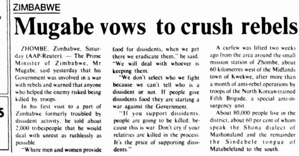 PacheduZW's tweet photo. "Where men and women provide food for dissidents, when we get there, we eradicate them."

"Don't cry if your relatives are killed in the process. It's the price of supporting dissidents."

- Mugabe, April 1983

#Gukurahundi https://t.co/Z46ixCnkyC