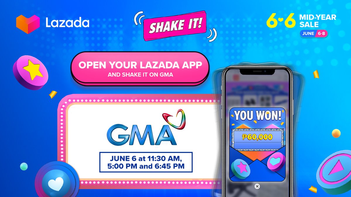 Wag nang palampasin ang chance mong manalo ng ₱60,000 Lazada voucher! 😱 Stay tuned to GMA on JUNE 6, 11:30AM, 5PM, &amp; 6:45PM at abangan ang SHAKE IT on TV! 📺 Dahil ang swerte mo for a #HALFyMidYear, nasa Lazada yan!

#LazCelebrateMidYear #LazadaMidYearSale #LazadaPH #Lazada