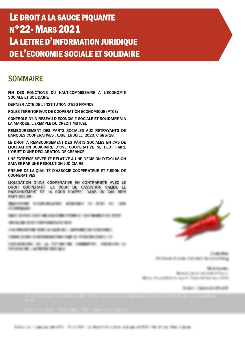 LE DROIT A LA SAUCE PIQUANTE (@droit_ess) on Twitter photo 🌶️Retrouvez le #droit à la sauce piquante n°22, la lettre d'info juridique de l'#ess : urlz.fr/fOAL
💻Pour vous abonner envoyez un mail à sympa@list.lgo.ovh avec en objet subscribe droitalasaucepiquante
🧐Voici un aperçu de ce qui vous attend dans ce numéro…
#COOP 🌶️Retrouvez le #droit à la sauce piquante n°22, la lettre d'info juridique de l'#ess : urlz.fr/fOAL
💻Pour vous abonner envoyez un mail à sympa@list.lgo.ovh avec en objet subscribe droitalasaucepiquante
🧐Voici un aperçu de ce qui vous attend dans ce numéro…
#COOP