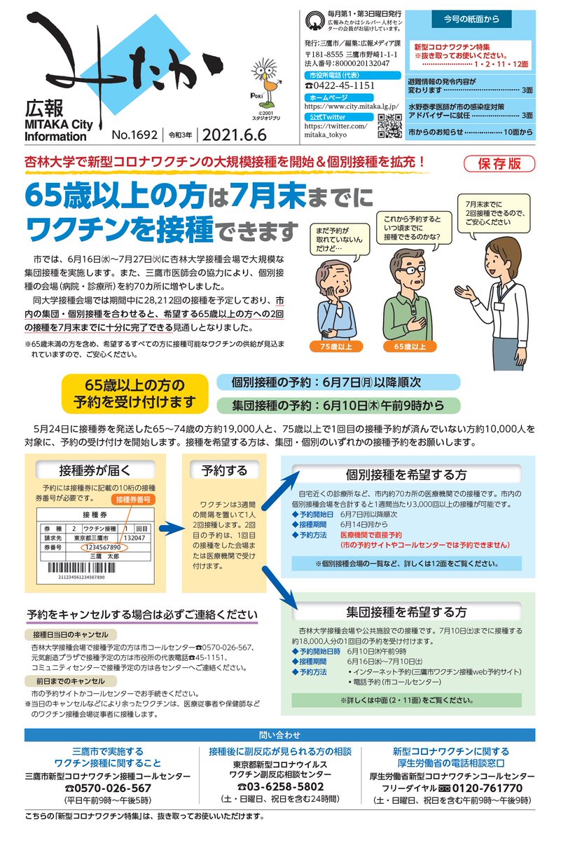 東京都三鷹市 広報みたか6月6日号を発行しました 本日6月4日 金 から6日 日 にかけて市内の全世帯へ配布している6月6日号では 4面にわたって新型コロナワクチンを特集し 杏林大学接種会場で開始する大規模な集団接種や 約70カ所に拡充した個別接種 東京都三鷹市 広報みたか6月6日号を発行しました 本日6月4日 金 から6日 日 にかけて市内の全世帯へ配布している6月6日号では 4面にわたって新型コロナワクチンを特集し 杏林大学接種会場で開始する大規模な集団接種や 約70カ所に拡充した個別接種