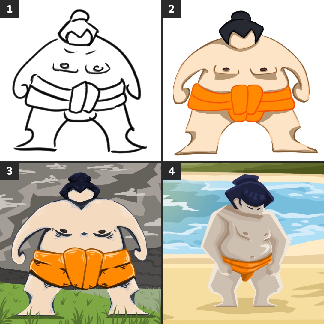 superswipegames's tweet image. We know we’ve been awfully quiet on Twitter! So here’s a sneak peek on the evolution of our concept art for our upcoming game. 
Stay tuned for more #Sumolove in the future!

#indiedev #gameart #gamedesign