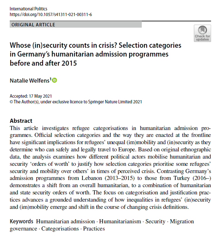Natalie Welfens (@nwelfens) on Twitter photo Very happy that my article 'Whose (in)security counts in crisis? Selection categories in Germany's humanitarian admission programmes before and after 2015' is finally out @ip_palgrave: tinyurl.com/46cyyrk5
<a href="/UvA_AISSR/">AISSR (no longer active on X)</a> <a href="/FMG_UvA/">UvA Maatschappij & Gedrag</a> <a href="/aces_for/">ACES - Amsterdam Centre for European Studies</a>
Funding by <a href="/NWO_SSH/">NWO-domein SGW (Inactive)</a> Very happy that my article 'Whose (in)security counts in crisis? Selection categories in Germany's humanitarian admission programmes before and after 2015' is finally out @ip_palgrave: tinyurl.com/46cyyrk5
<a href="/UvA_AISSR/">AISSR (no longer active on X)</a> <a href="/FMG_UvA/">UvA Maatschappij & Gedrag</a> <a href="/aces_for/">ACES - Amsterdam Centre for European Studies</a>
Funding by <a href="/NWO_SSH/">NWO-domein SGW (Inactive)</a>