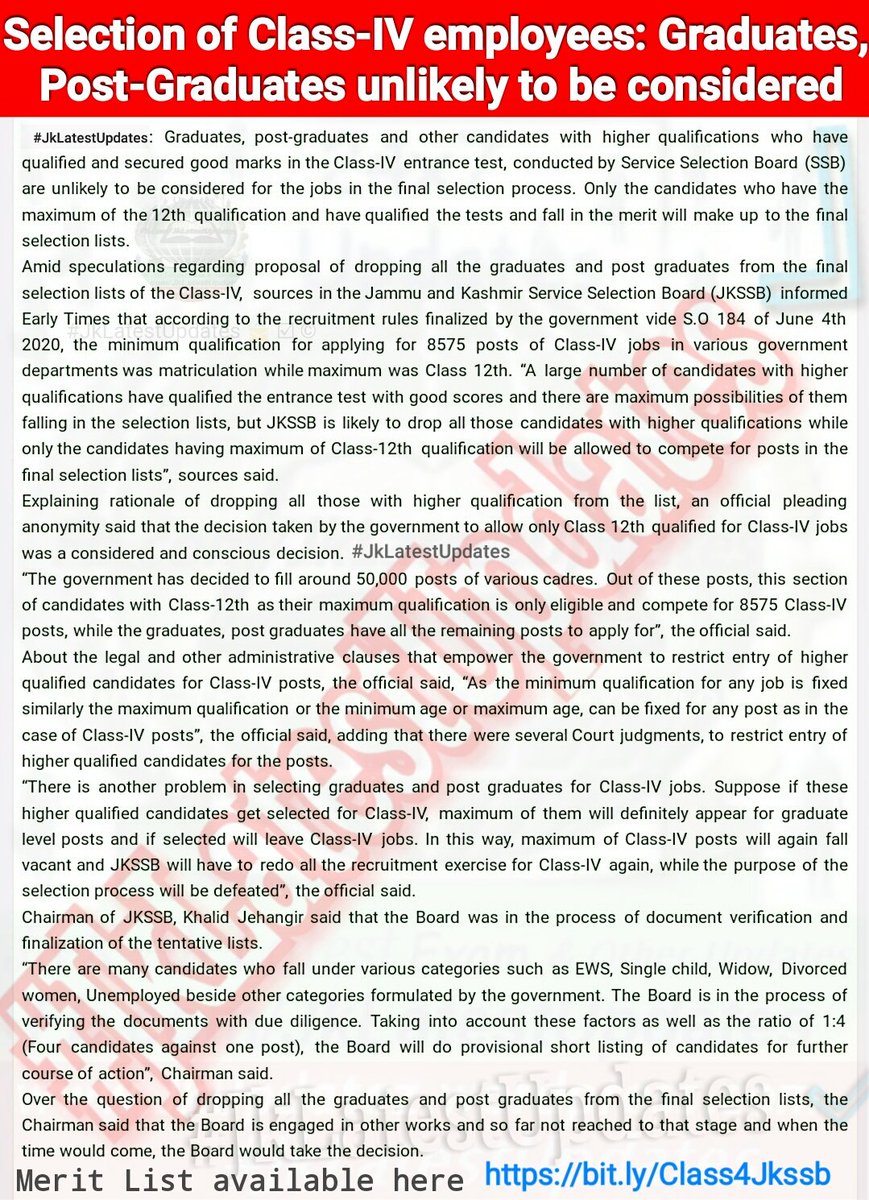 JkLatestUpdates's tweet photo. >> Selection of Class-IV Employees : GRADUATES, POST-GRADUATES Unlikely to be considered. #JkLatestUpdates

> Merit List, Result Etc available here https://t.co/dleOHvrg5n

> [SHARE it]+ #Jammu #Kashmir #JKSSB #GovtJobs #ClassIV  #Class4th  @diprjk @JKSSBOfficial1 @JKgrievance https://t.co/1OMpJDYFcZ