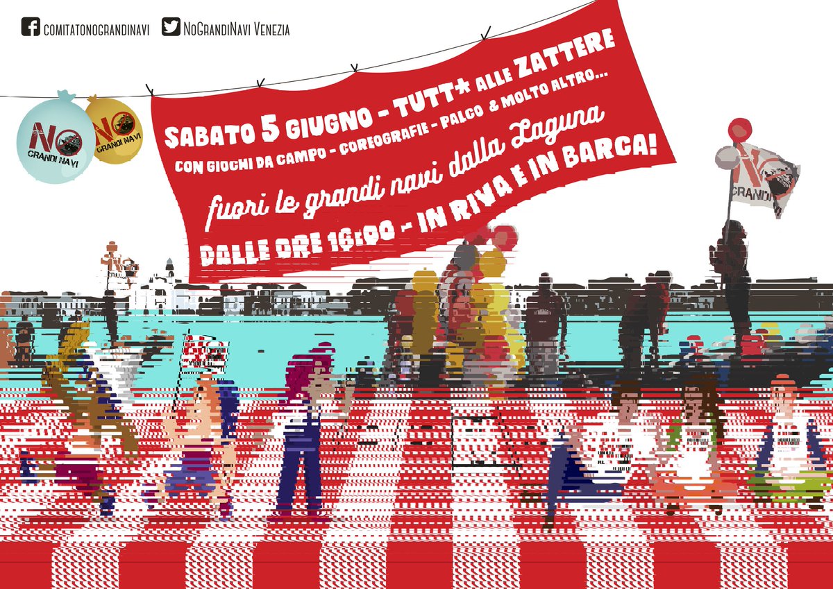 5 GIUGNO h.16 TUTT* ALLE ZATTERE!
Non è bastato un decreto del Consiglio dei Ministri a fermare il passaggio delle grandi navi in Laguna, ma noi non ci arrendiamo! Il 5 giugno facciamo sentire la nostra voce, per la nostra città e per il nostro futuro!
#fuorilenavidallalaguna