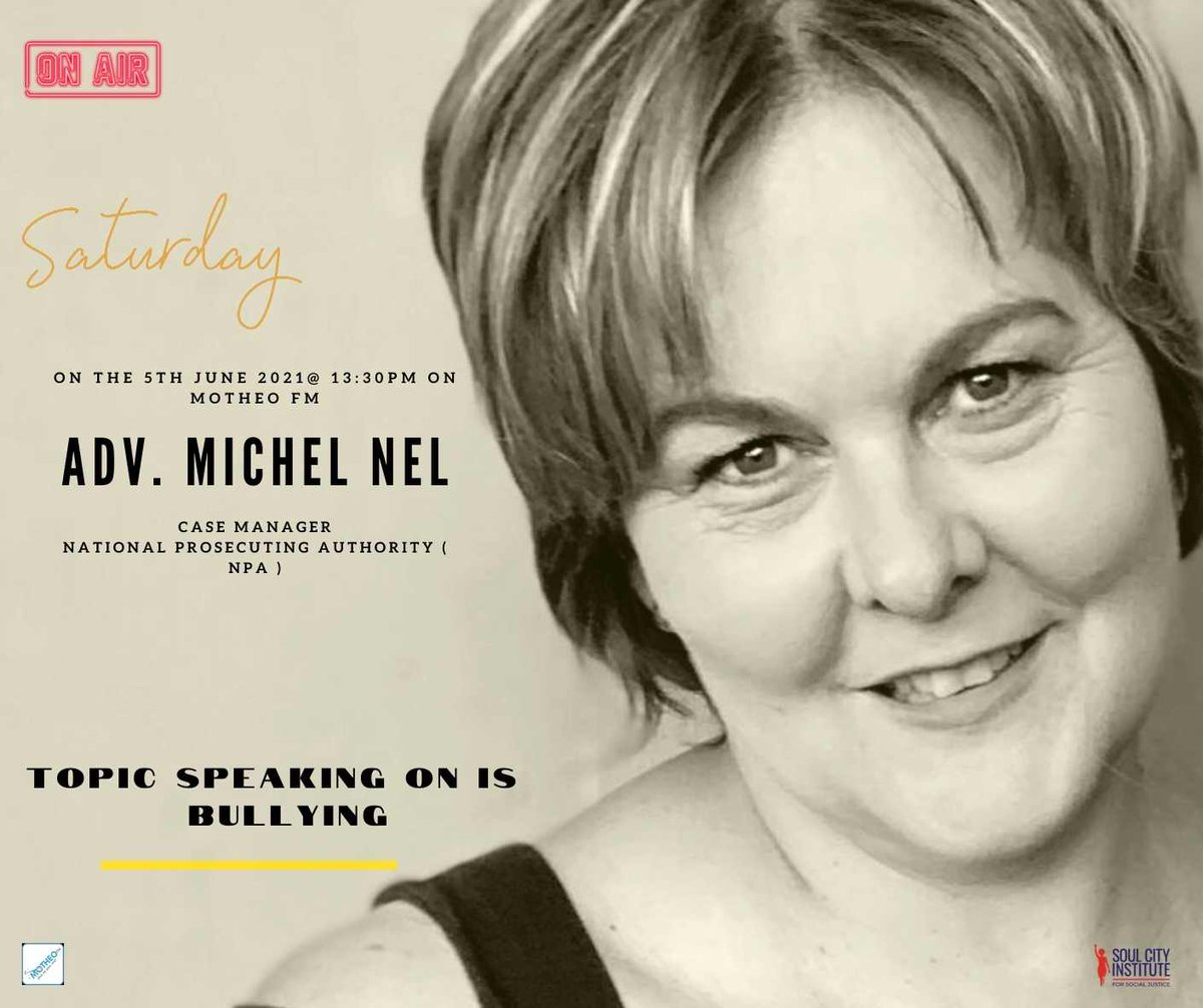 NotYetUhuruSA's tweet photo. #RADIOSHOW| As we conclude #ChildprotectionWeek, tune in on Motheo FM where you matter tomorrow at 13:30 p.m. and listen to  Adv Michel Nel, a Case Manager at the National Prosecuting Authority discussing bullying. Don't Miss out! https://t.co/vngJOqdmOj