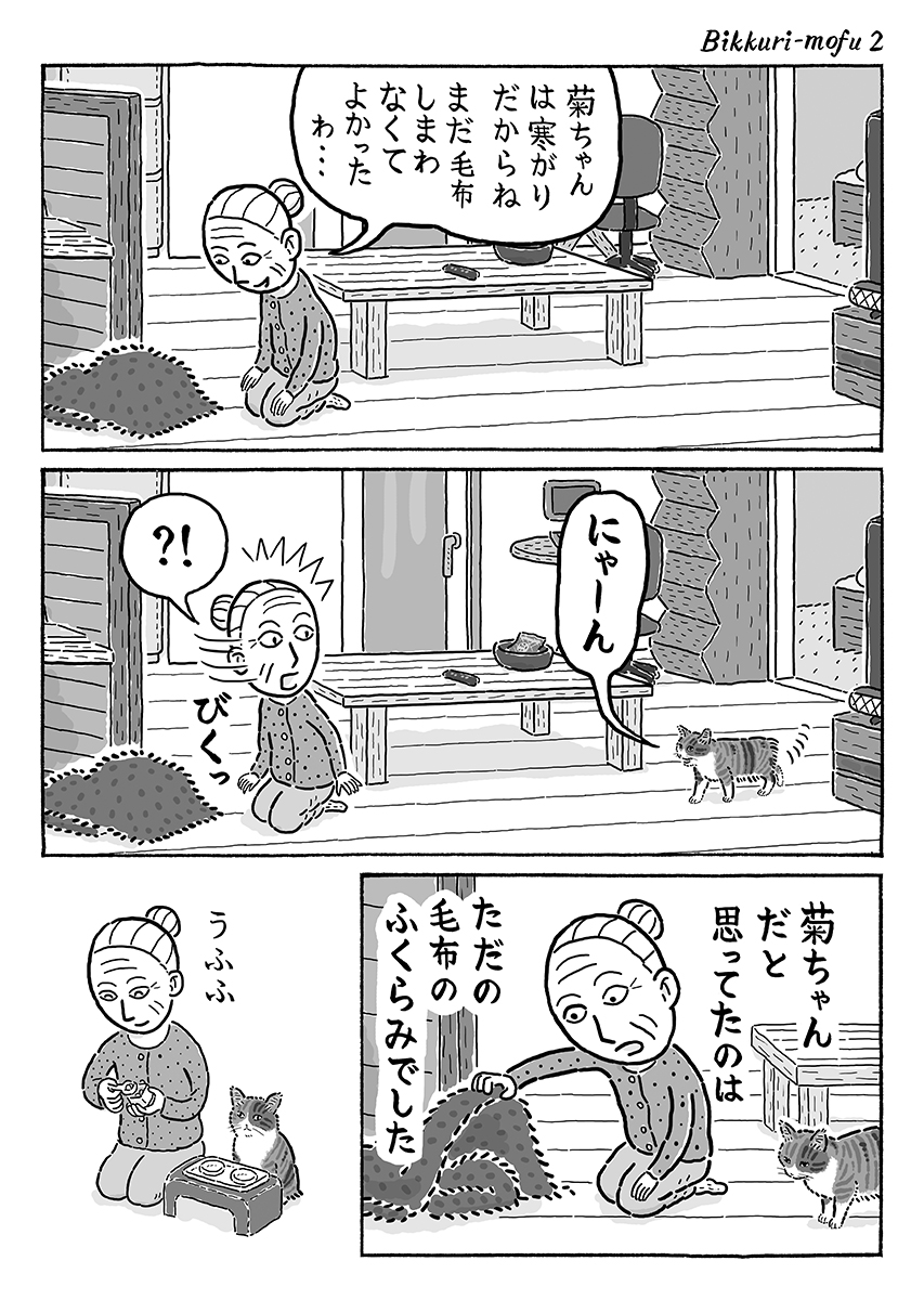 2ページ猫漫画「びっくり毛布」 #猫の菊ちゃん 