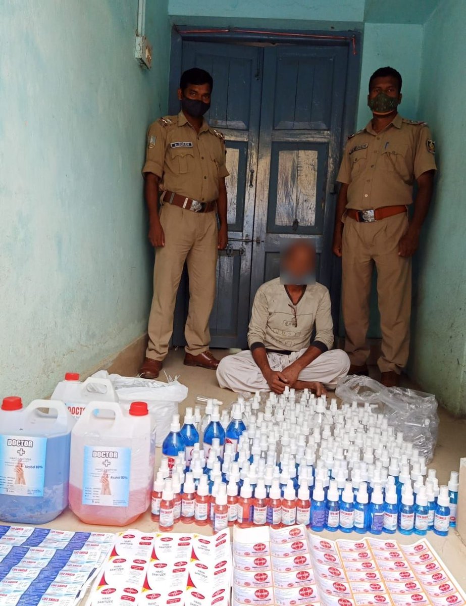 spmayurbhanj's tweet photo. Jharpokharia Police arrested one miscreant who was preparing &amp; selling duplicate sanitizers to public in illegal manner.

We request you all to be aware while purchasing this type of items.

A case has been registered under Jharpokharia PS 
under Epidemic disease Act. https://t.co/qX5B69vccP