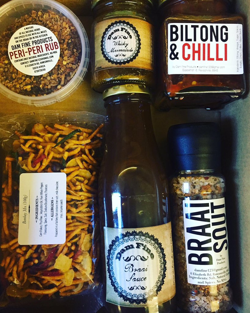 dam_products's tweet photo. Father’s Day Gift Boxes:

Braai Salt
Braai Sauce
Braai Rub
Whisky Marmalade
Biltong &amp; Chilli Relish
Bombay Mix

R350 including courier anywhere in SA. Please Email damfine123@gmail.com - final orders by 13 June. https://t.co/cYrYQhVCdZ