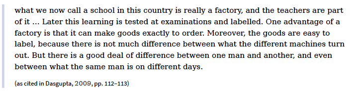 Tagore on Structure of Schools: Tagore launched a scathing critique of the entire design and architecture of the school system in colonial India in the essay শিক্ষ্যা সমস্যা (“Shiksa Shamasya”), meaning “The Problem of Education,” in 1906.