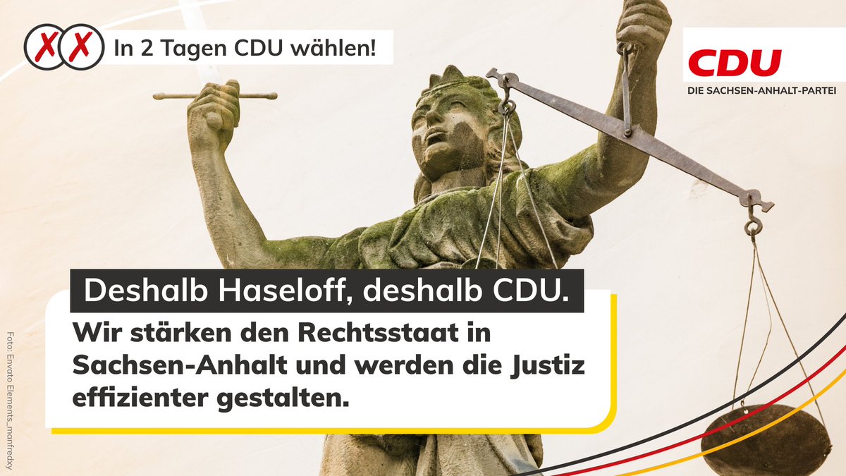 Übermorgen entscheiden Sie, in welche politische Richtung sich unser Bundesland entwickelt! Nutzen Sie Ihre Stimme, wählen Sie #CDU und lassen Sie uns gemeinsam den Rechtsstaat stärken und eine effiziente Justiz in #SachsenAnhalt fördern.
👉cdulsa.de/sites/www.cdul…
