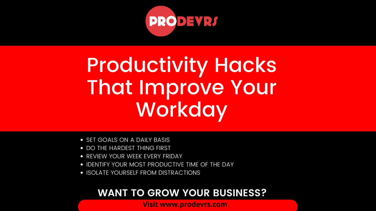 prodevrs's tweet image. Productivity hacks that improve your workday 💥
- SET GOALS ON A DAILY BASIS
- DO THE HARDEST THING FIRST
- REVIEW YOUR WEEK EVERY FRIDAY
- IDENTIFY YOUR MOST PRODUCTIVE TIME OF THE DAY
Want to grow your business?
Send us a message, visit prodevrs.com for a free quote!