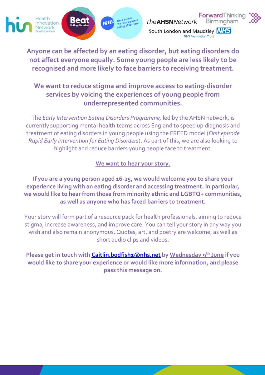 Have you experienced barriers to accessing treatment for an #EatingDisorders? We are looking for young people (16-25) with a lived experience of ED to share their stories to help create a resource pack and improve care. For more info👇or email Caitlin.bodfish1@nhs.net
