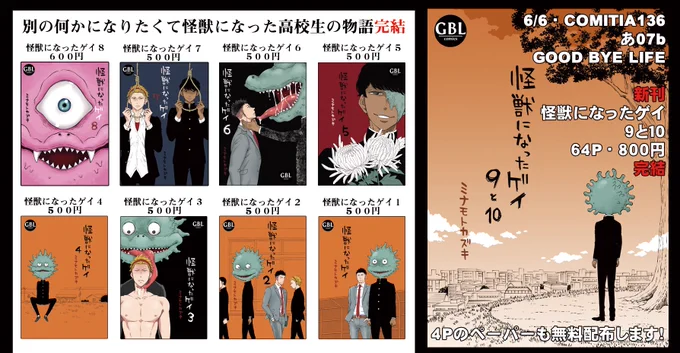 【6/6・COMITIA136お品書き】

スペース:あ07b『GOODBYELIFE』

新刊は「怪獣になったゲイ9と10」完結巻です🌈
商業単行本のサイン本も3種類頒布します!
4ページペーパーの無料配布もする予定です✨

感染症対策をしながらの頒布になりますが宜しくお願い致します!
#COMITIA136 #コミティア136 