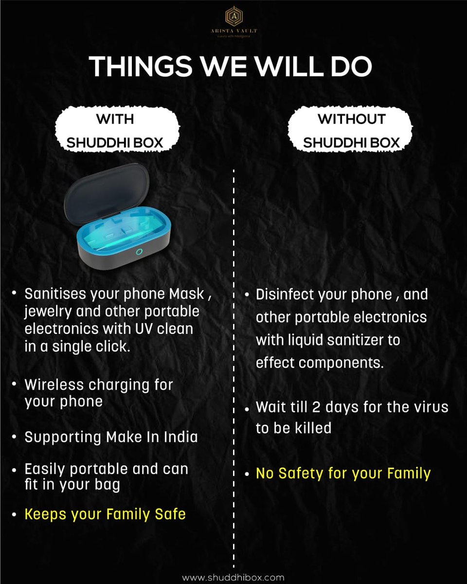 aristavault's tweet photo. Your safety in your bag. 
Shuddhi box a UV sterilization box designed with UV technology    to safe guard you &amp; your family. 
.
.
Buy now : https://t.co/VzI6w5Sjaf
.
@GoI_MeitY
@electropreneur
@stpiindia
@iesaonline
@amazonIN

#aristavault #shuddhify #shuddhibox #contestalert https://t.co/LrmbtKUgMu