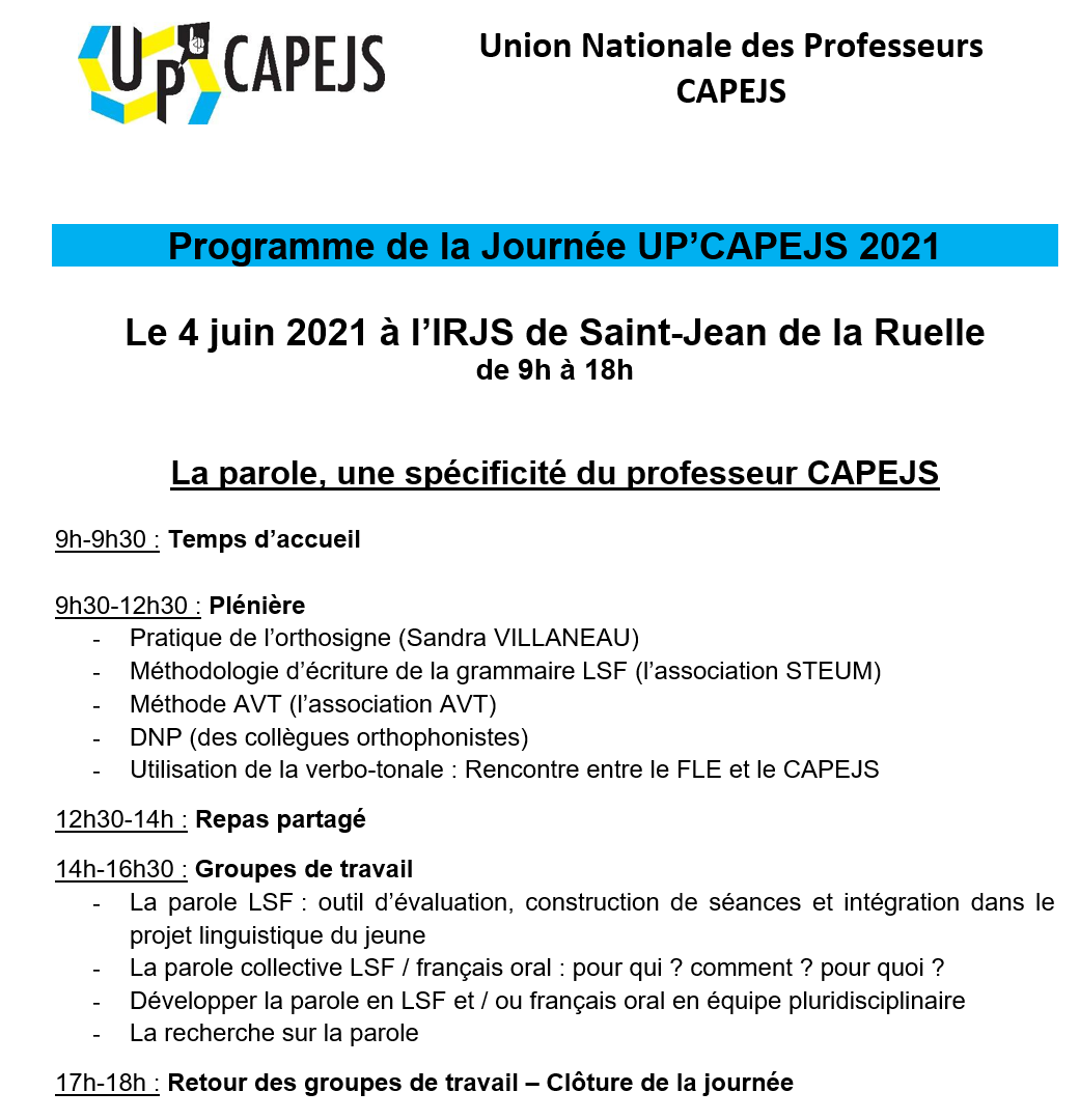 Up_Capejs's tweet photo. C'est le grand jour ! Voici le programme de notre journée de formation d'aujourd'hui sur le thème "La parole, une spécificité du professeur Capejs" #upcapejs #journéeupcapejs2021 #surdité #orthosigne #AVT #steum #dnp #verbotonale #capejs #professeur #enseignement #orthophoniste https://t.co/R1Tn8ENGOk