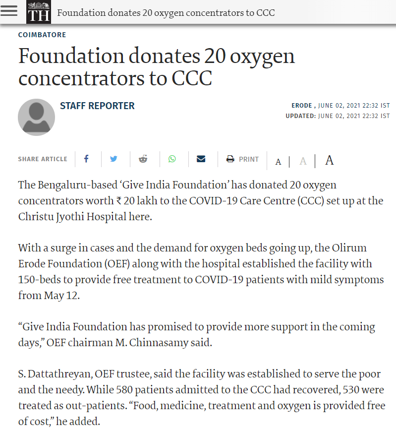 olirumerodu's tweet photo. 02-06-21 - The Hindu - News Coverage. We whole-heartly thank @atulsatija @GiveIndia @pbhirani for donating 20 Oxygen Concentrators for OEF-CCC Christu Hyothi Hospital, Erode. https://t.co/Ah857pj0d3