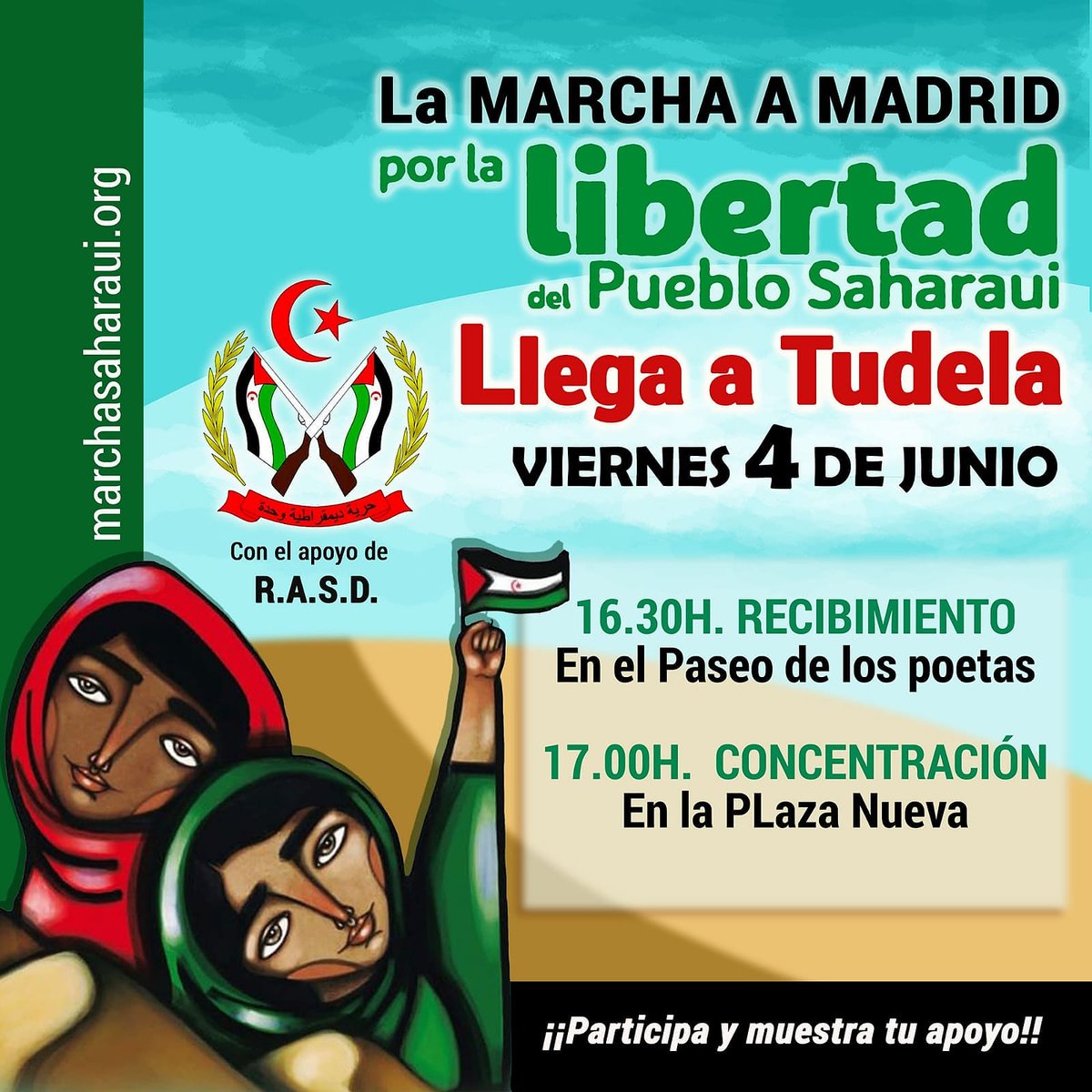 BalunCanan07's tweet photo. Hoy llega a #Tudela la Marcha que recorre toda la península reclamando un #SaharaLibre 
Acude a recibirla a las 16,30 en el bar Los Poetas, y acompáñala hasta la Plaza Nueva. 
No olvidemos al pueblo saharaui 🇯🇴
#SaharaLibre #sahara https://t.co/IaWyiBzDYi