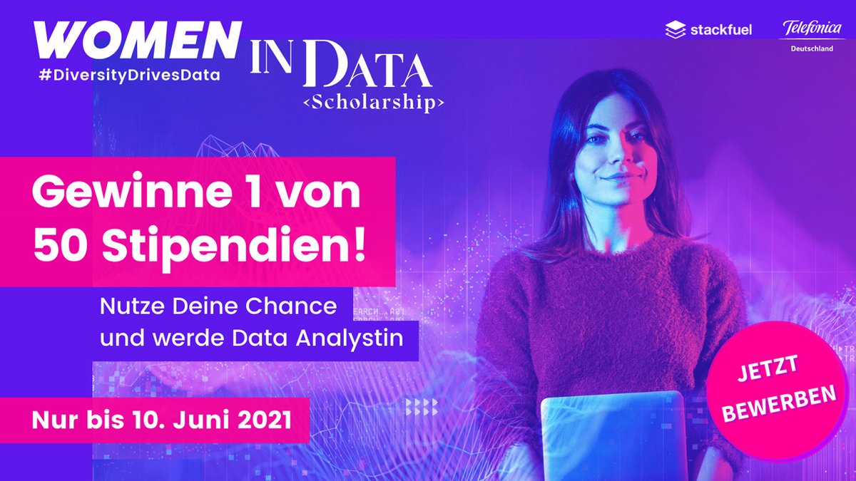 Lust auf einen beruflichen Neustart? Werde #Data Analystin - auch als Quereinsteigerin. Noch 6 Tage, um sich für die #WomeninData-Stipendien zu bewerben. Mehr Infos: bit.ly/3zc3fKG #DiversityDrivesData