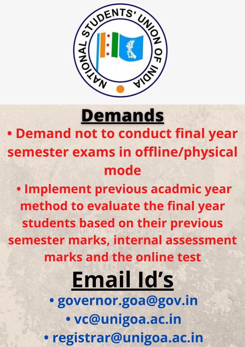 goanewshub's tweet photo. @NSUIgoa starts online protest demanding cancellation of offline exams of Final year students. Asks students to take part in this protest by sending emails to Chancellor, Vice-cancellor &amp; Registrar of #Goa University

@naushadnsui @AhrazMulla @maulali_bij23 https://t.co/00jN7MqnNh