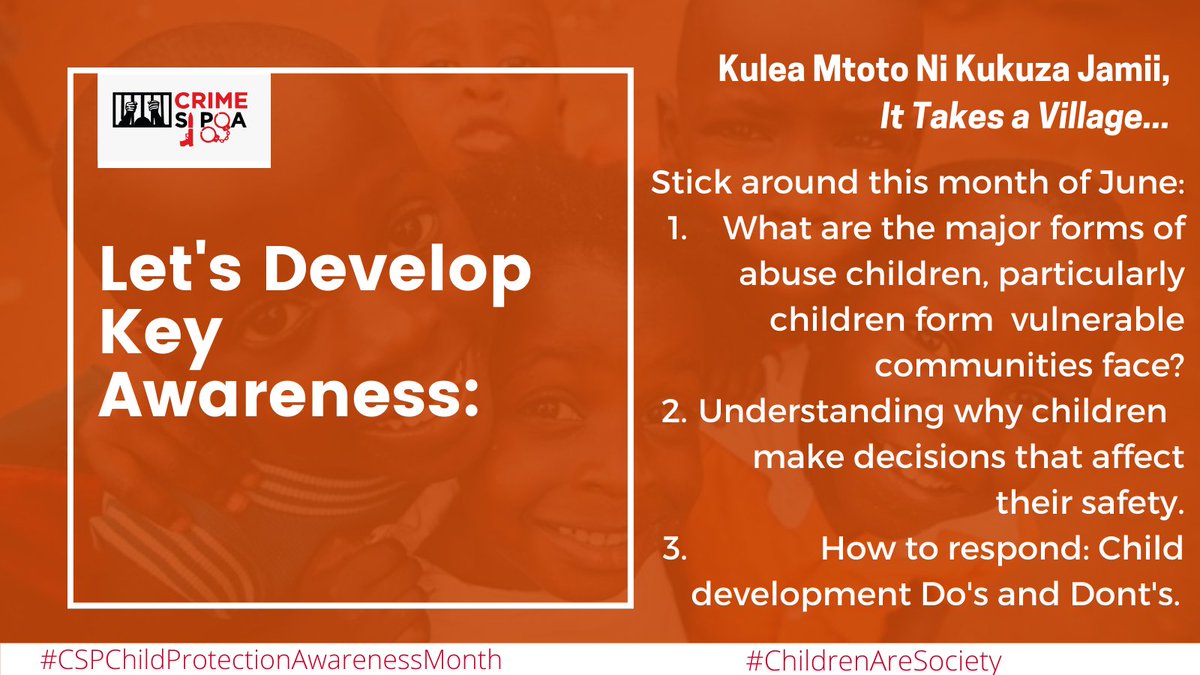 CrimeSiPoaKenya's tweet photo. Kulea Mtoto Ni Kukuza Jamii,
Raising a Child is Developing is a Society...
It takes a village!
@Global4Children @hope2shine @SaveChildren_KE @MashinaniSheria @UNICEFKenya @footprints4c @peteouko
#CSPChildProtectionAwarenessMonth
#ActToProtect
#Childportection
#protectchildren https://t.co/MHoZHxMDrG