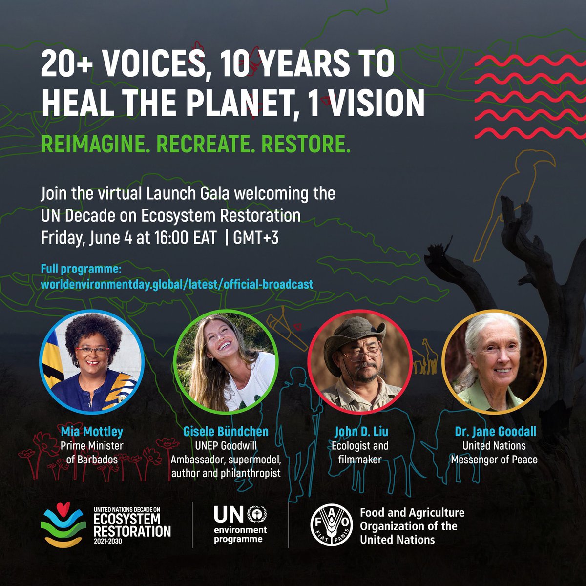 SaimaMohsin's tweet photo. Prime Minister of #Barbados @miaamormottley 
@giseleofficial Ambassador @UNEP
@Johndliu filmaker &amp; Environmental educator &amp; the enigmatic @JaneGoodallInst 
are all going to be there
JOIN US! 
Watch here: https://t.co/hLiGJrCTyJ 
#GenerationRestoration   
#WorldEnvironmentDay https://t.co/bydXXB7BmM