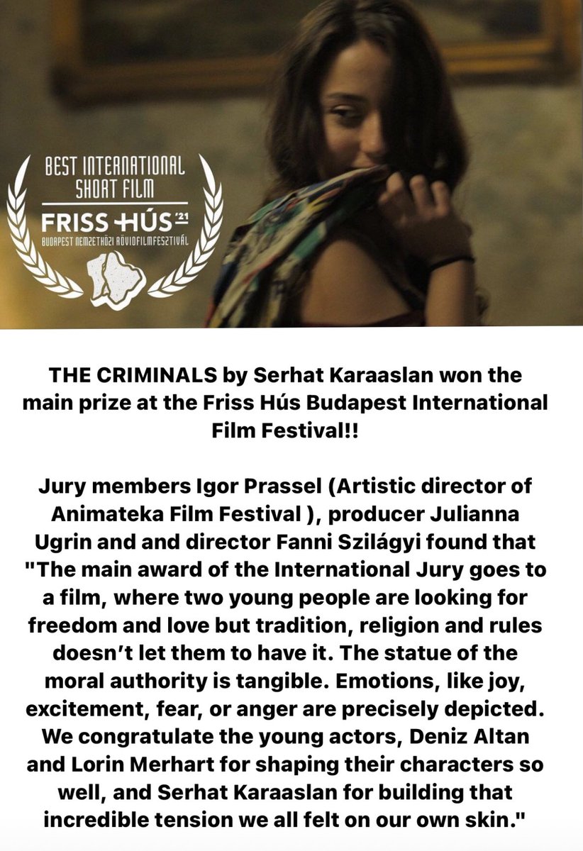 #Suçlular Budapeşte Film Festivali’nde En İyi Uluslararası Kısa Film Ödülünü kazandı 💥💥💥

Film görmek isteyenler 5-15 Haziran arasında İstanbul Film Festivali’nde online olarak izleyebilir <a href="/ist_filmfest/">İstanbul Film Festivali</a>
#Thecriminals #Lescriminels #Serhatkaraaslan 

 frisshusbudapest.com/hirek/kiosztot…