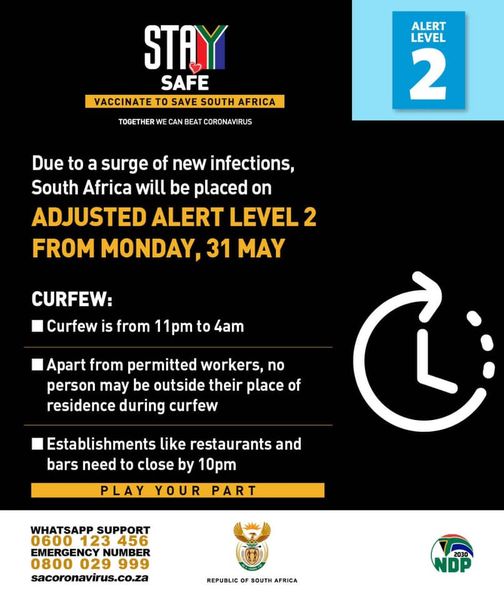 PublicSectorMan's tweet photo. Remember: under the adjusted alert level 2 regulations, curfew is from 11pm to 4am. 

#COVID19
#Level2 
#BeSafe https://t.co/3ZXBBPvk1D
