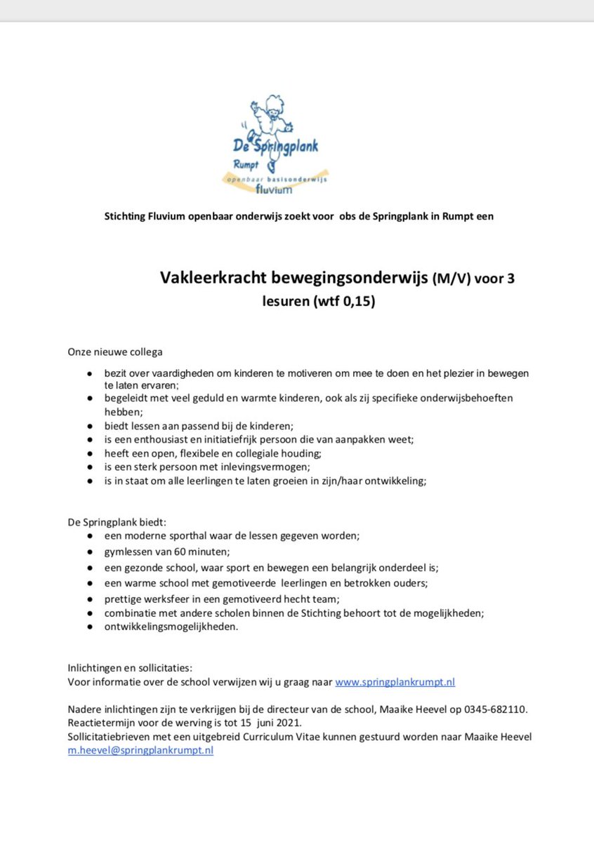 Heb jij als gymleerkracht nog 3 uurtjes vrij per week en woon je nabij de Betuwe? De Springplank in Rumpt zoekt jou!