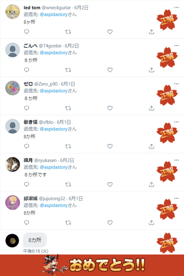aspidastory's tweet photo. 🎈エレナと遊んで🎈
🌟おあそびコーナー🌟

「何かが可怪しい」第５弾‼
結果発表🎉🎉🎉

正解は
🌸8か所🌸でした

正解🎊おめでとうございます🎊

#浮島物語
#アスピダ https://t.co/teBqkNgEHa