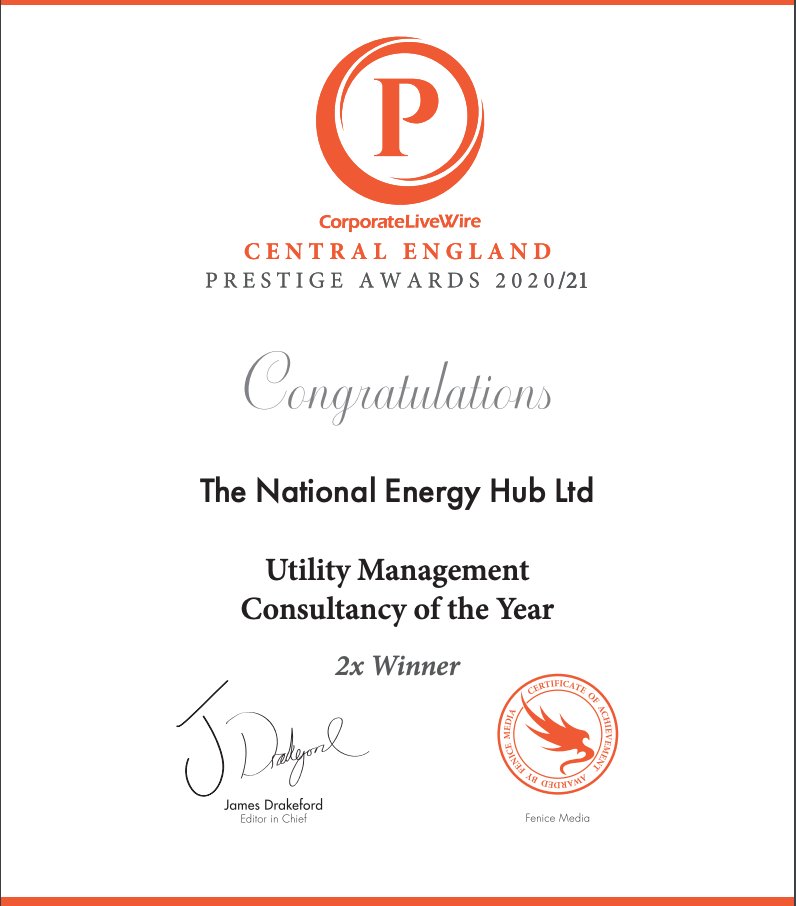 We are very excited to announce The National Energy Hub has won Utility Management Consultancy of the Year award for 2020 at the Central England Prestige Awards for the second year running!!

#awardwinning #energyconsultancy #energybroker #costsavings #multiawardwinning