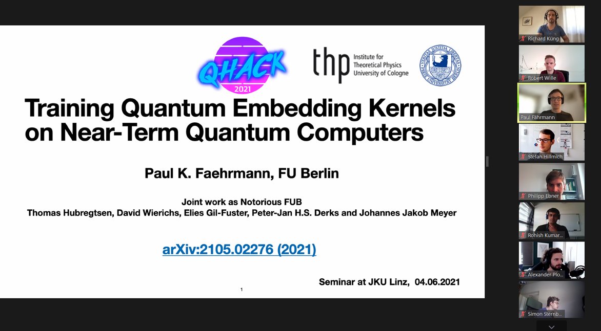 In February this year, <a href="/PaulFaehrmann/">Paul K. Faehrmann</a> and his friends/colleagues from <a href="/FU_Berlin/">Freie Universität</a> won <a href="/XanaduAI/">Xanadu</a>'s #Qhack2021 QML Challenge. Today, he is (virtually) visiting <a href="/jkulinz/">JKU - Johannes Kepler Universität Linz</a> and talks about how they did it! The corresponding paper is available at arxiv.org/abs/2105.02276