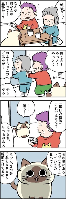 ある日体調を壊しちゃったおばあちゃん よもぎねえさん相手におふくちゃんは……?第119話「わるだくみ」はこちらから⇒(『猫のおふくちゃん』の最新話は毎週金曜日に連載中!#猫のおふくちゃん 