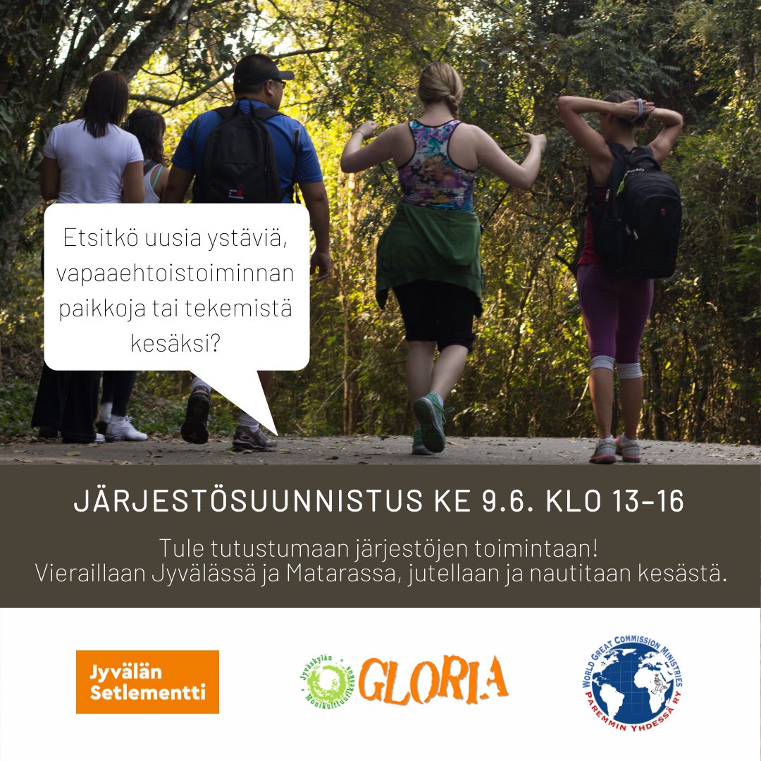 Tule mukaan osallistujana puhumaan suomea ja tutustumaan kesätoimintaan eri järjestöissä keskiviikkona 9.6. <a href="/Paremminyhdessa/">Paremmin Yhdessä ry</a> @Jyvala 
gloriajkl.fi/2021/06/02/jar…