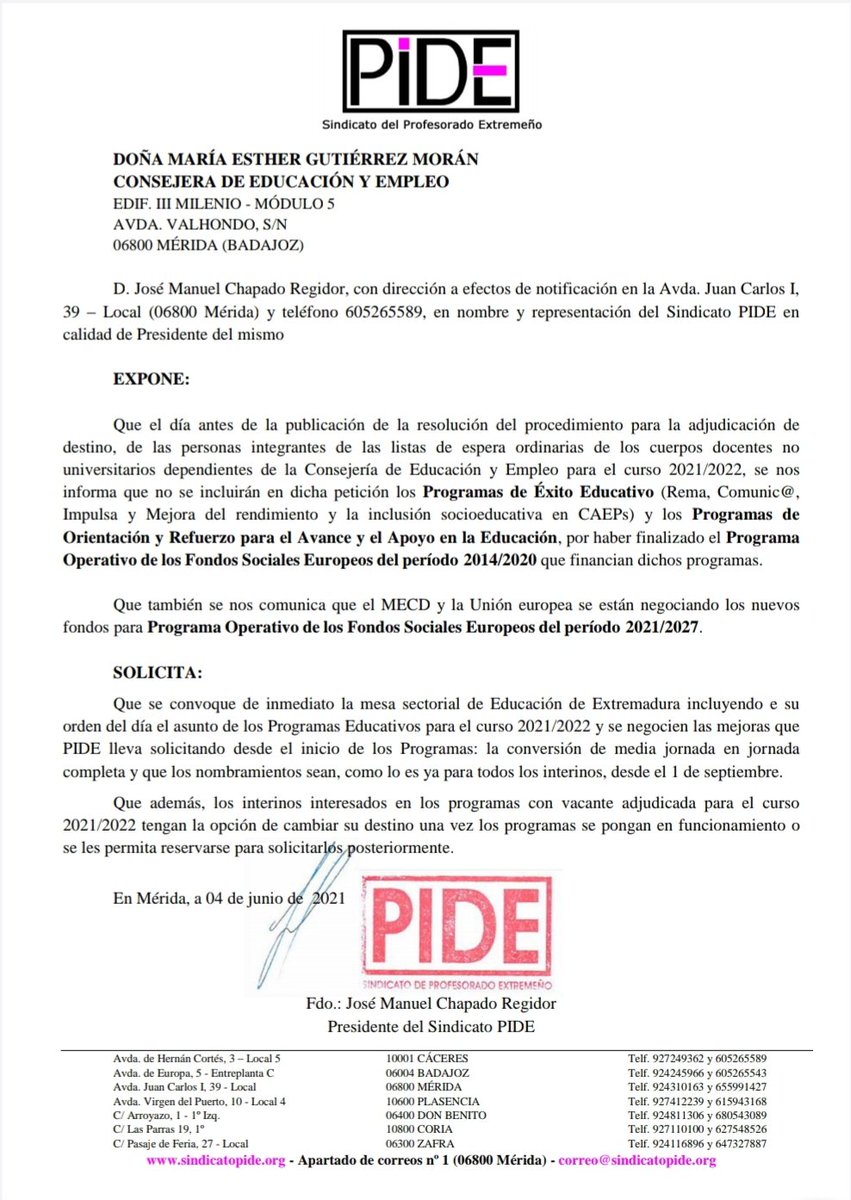 SindicatoPIDE's tweet photo. 📄➡️REGISTRO DEL SINDICATO PIDE A LA CONSEJERA DE EDUCACIÓN solicitando de inmediato una MESA SECTORIAL para tratar los PROGRAMAS EDUCATIVOS para el curso 2021/2022⬅️ https://t.co/TmJMSRhaen